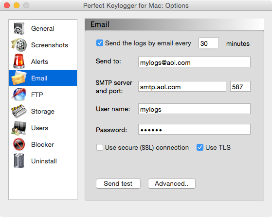 Keylogger for Mac - Perfect Keylogger - Email Options