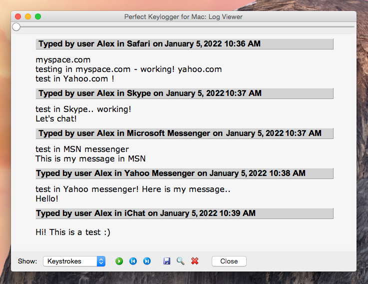 Mac Keystroke Logger - Log Viewer: Keystrokes recorded