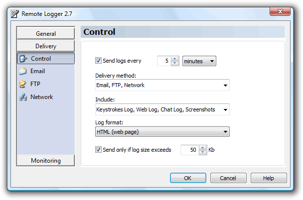 Remote Keyboard Logger - Email Delivery Control settings